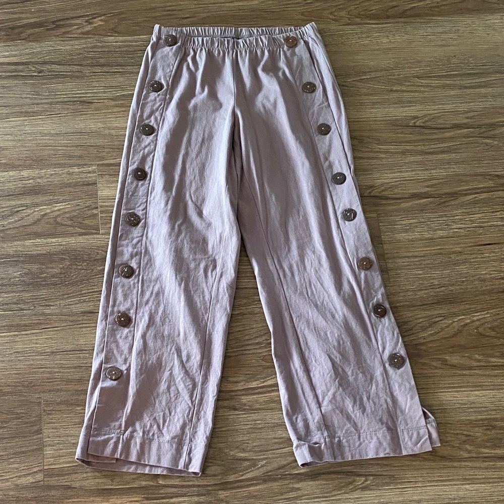 Lulu B pants big coconut shell buttons size S pull on comfy Lagenlook beige boho
